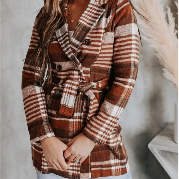 Plaid Brown Women's Coat - Picture 4 of 12